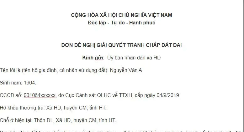 Mẫu đơn đề nghị giải quyết tranh chấp đất đai